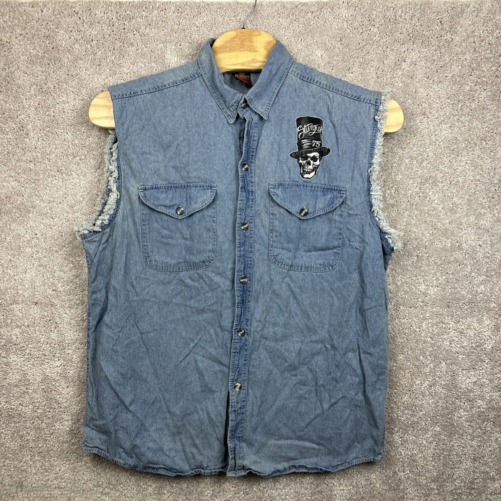 Sturgis 75 Black Hills Rally Shirt Mens Size 3XL Denim Cutoff Biker's Edge Skull